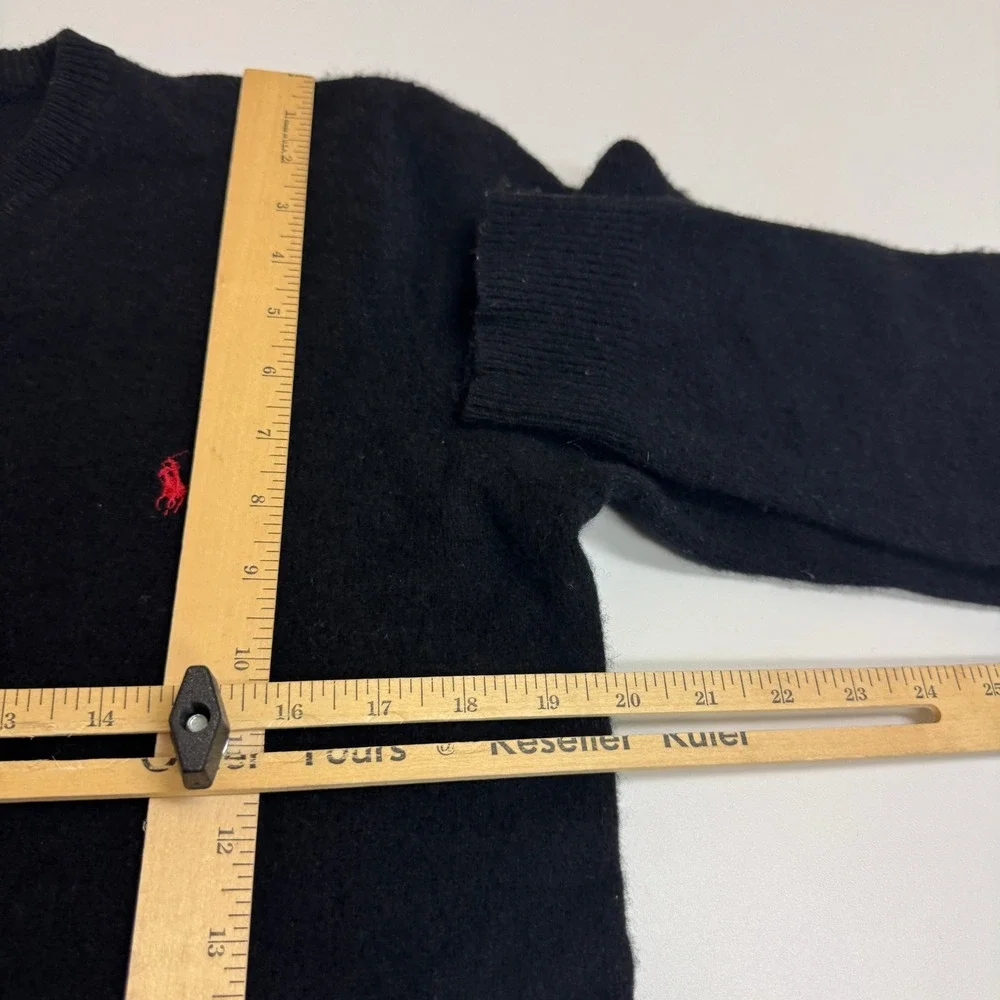 Polo Ralph Lauren Sweater Womens Large Black Lambs Wool V Neck Red Pony Logo - Picture 6 of 6